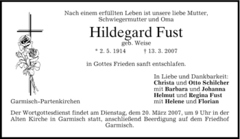 Traueranzeige von Hildegard Fust von MERKUR & TZ
