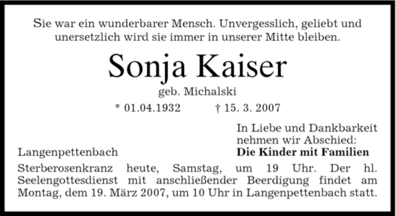  Traueranzeige für Sonja Kaiser vom 17.03.2007 aus HOLZKIRCHENER MERKUR
