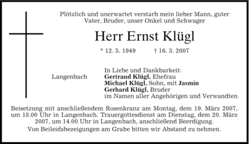  Traueranzeige für Ernst Klügl vom 17.03.2007 aus MERKUR & TZ