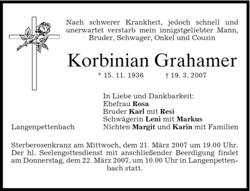 Traueranzeige für Korbinan Grahamer vom 20.03.2007 aus HOLZKIRCHENER MERKUR