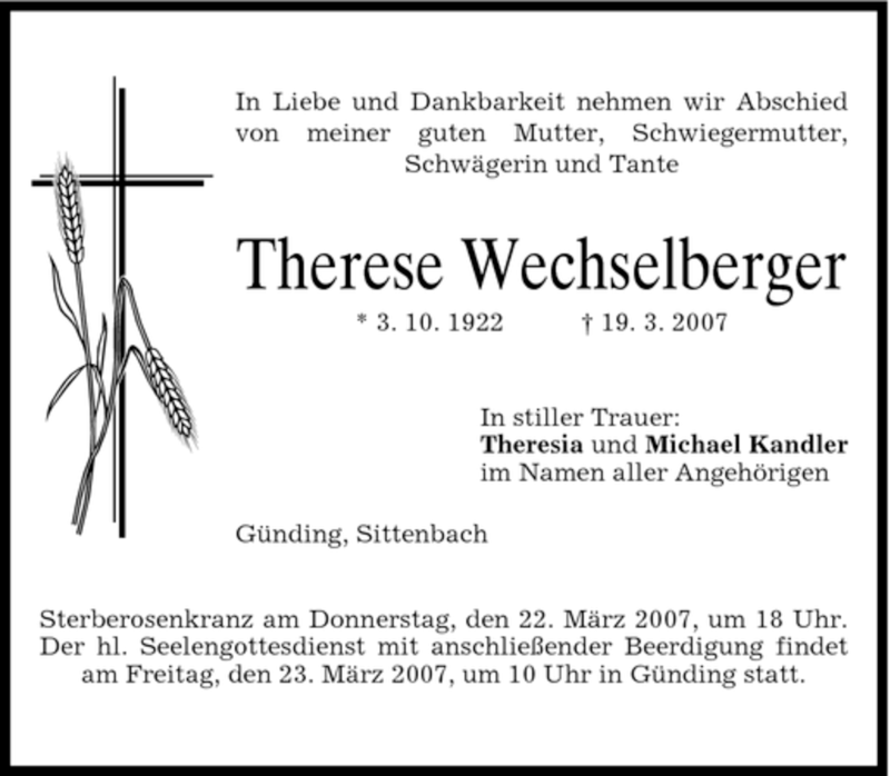  Traueranzeige für Therese Wechselberger vom 21.03.2007 aus HOLZKIRCHENER MERKUR