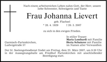 Traueranzeige von Johanna Lievert von MERKUR & TZ