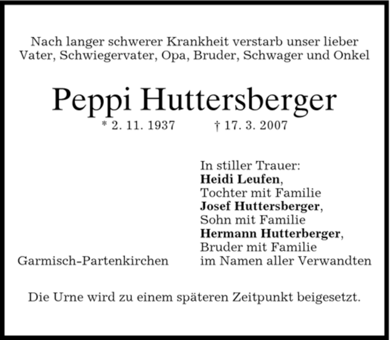  Traueranzeige für Peppi Huttersberger vom 22.03.2007 aus MERKUR & TZ