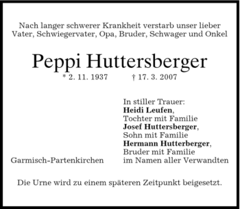 Traueranzeige von Peppi Huttersberger von MERKUR & TZ