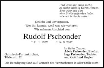 Traueranzeige von Rudolf Pschonder von MERKUR & TZ