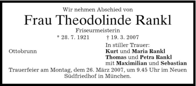  Traueranzeige für Theodolinde Rankl vom 23.03.2007 aus DORFENER NACHRICHTEN
