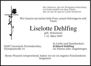 Traueranzeige von Liselotte Dehlfing von MERKUR & TZ