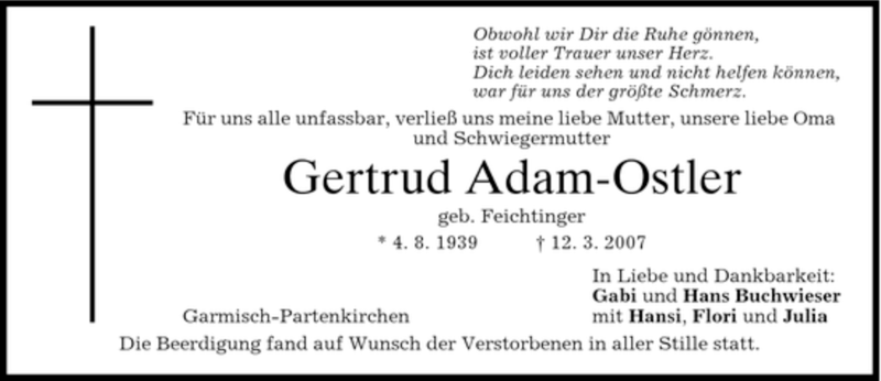  Traueranzeige für Gertrud Adam-Ostler vom 24.03.2007 aus MERKUR & TZ