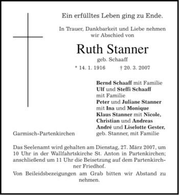Traueranzeige von Ruth Stanner von MERKUR & TZ