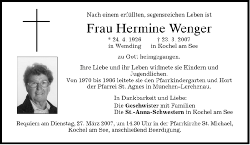 Traueranzeigen von Hermine Wenger | trauer.merkur.de