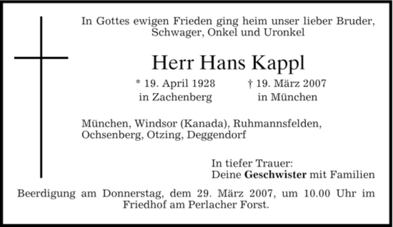  Traueranzeige für Hans Kappl vom 28.03.2007 aus DORFENER NACHRICHTEN