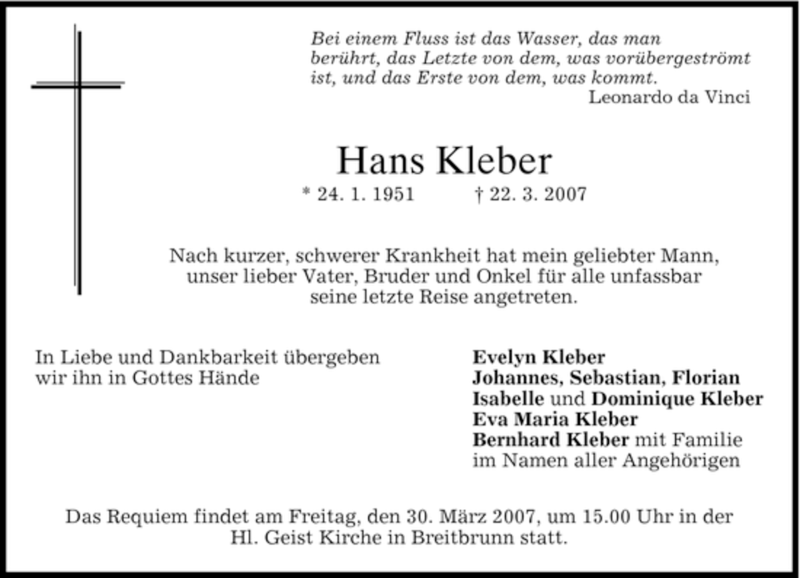  Traueranzeige für Hans Kleber vom 28.03.2007 aus MERKUR & TZ