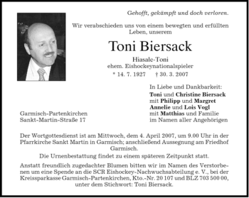 Traueranzeige von Toni Biersack von MERKUR & TZ