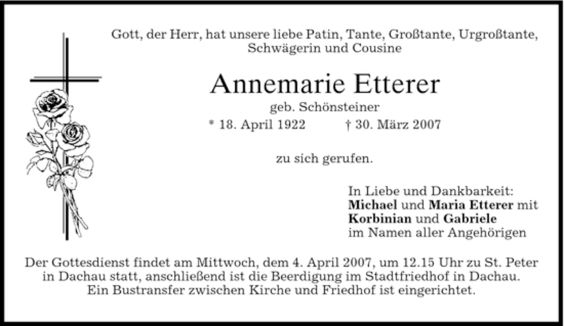  Traueranzeige für Annemarie Etterer vom 02.04.2007 aus HOLZKIRCHENER MERKUR