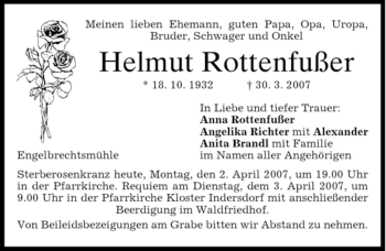Traueranzeige von Helmut Rottenfußer von HOLZKIRCHENER MERKUR