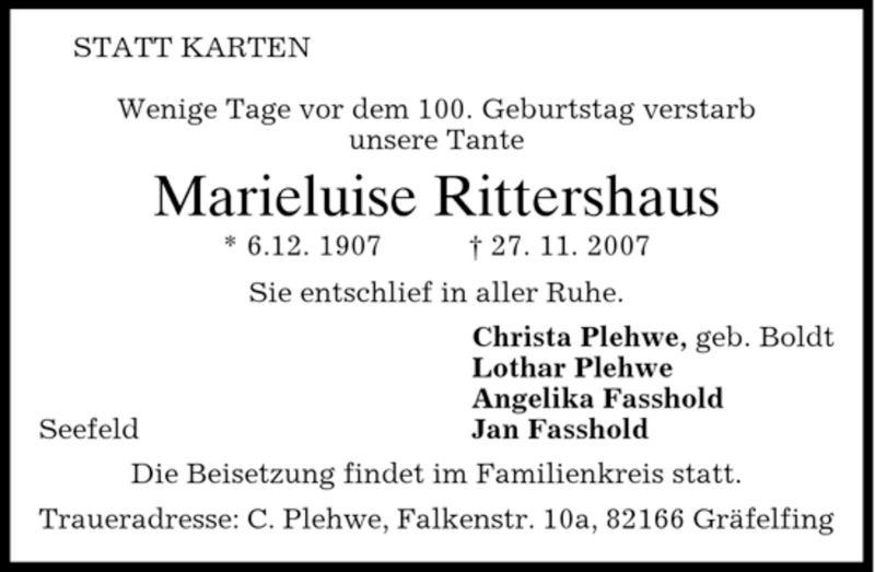  Traueranzeige für Marieluise Rittershaus vom 01.12.2007 aus MERKUR & TZ