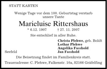 Traueranzeige von Marieluise Rittershaus von MERKUR & TZ