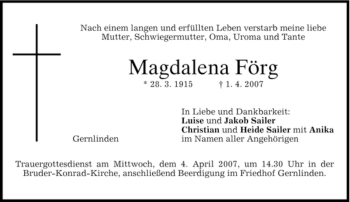 Traueranzeige von Magdalena Förg von MERKUR & TZ