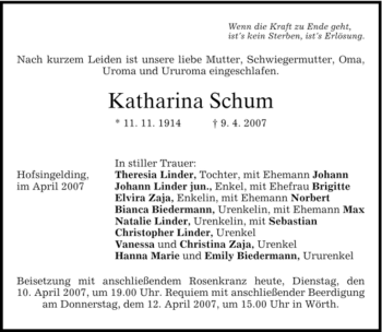 Traueranzeige von Katharina Schum von MERKUR & TZ