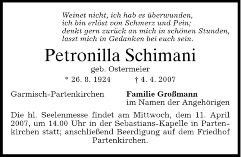  Traueranzeige für Petronilla Schimani vom 10.04.2007 aus MERKUR & TZ