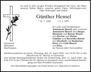 Traueranzeige von Günther Hensel von MERKUR & TZ