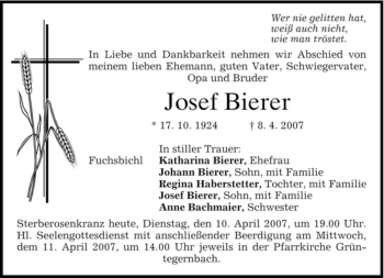 Traueranzeige von Josef Bierer von MERKUR & TZ