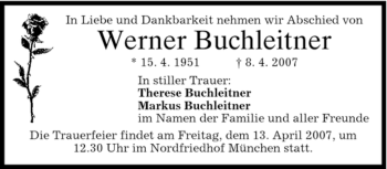 Traueranzeige von Werner Buchleitner von DORFENER NACHRICHTEN