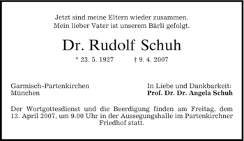 Traueranzeige von Rudolf Schuh von DORFENER NACHRICHTEN