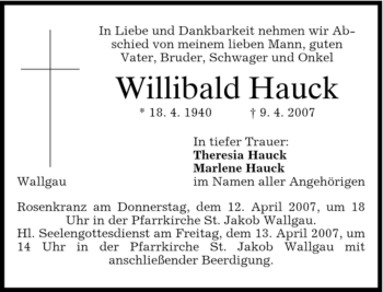 Traueranzeige von Willibald Hauck von MERKUR & TZ