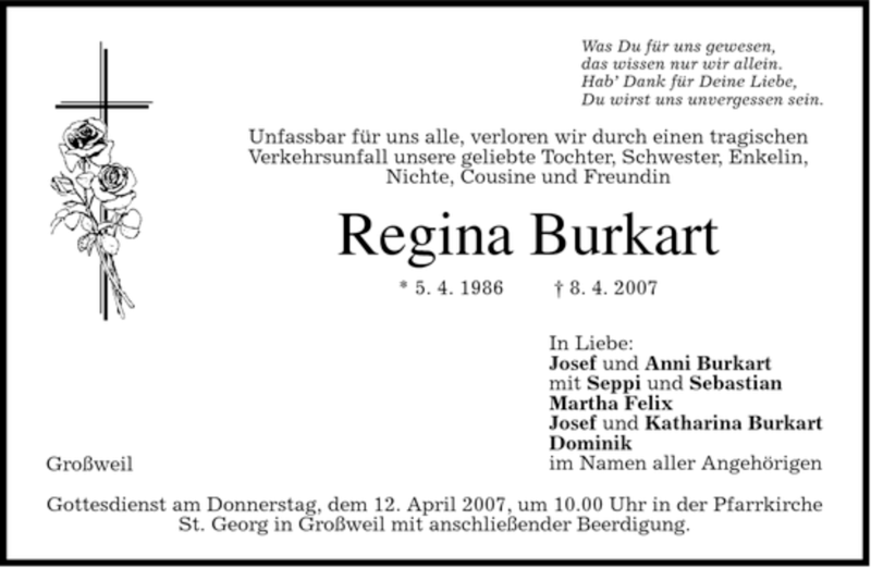  Traueranzeige für Regina Burkart vom 11.04.2007 aus MERKUR & TZ