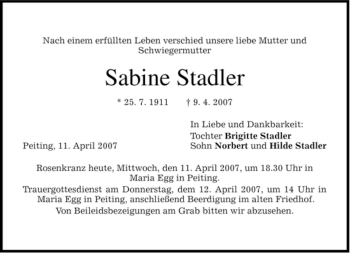 Traueranzeige von Sabine Stadler von MERKUR & TZ