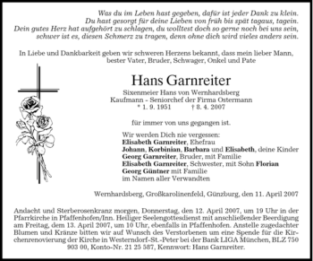 Traueranzeige von Hans Garnreiter von GARMISCH-PARTENK. TAGBLATT