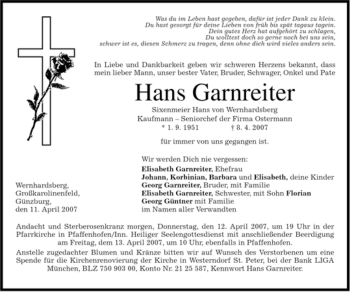 Traueranzeige von Hans Garnreiter von MERKUR & TZ