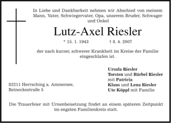 Traueranzeige von Lutz-Axel Riesler von MERKUR & TZ