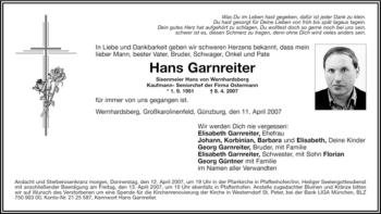 Traueranzeige von Hans Garnreiter von MERKUR & TZ