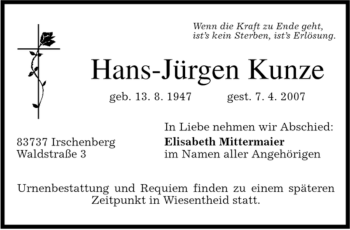 Traueranzeigen von Hans-Jürgen Kunze | trauer.merkur.de