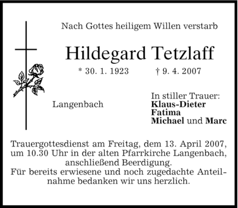  Traueranzeige für Hildegard Tetzlaff vom 12.04.2007 aus MERKUR & TZ