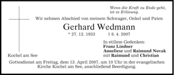 Traueranzeige von Gerhard Wedmann von MERKUR & TZ