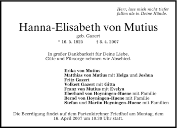 Traueranzeige von Hanna-Elisabeth von Mutius von MERKUR & TZ