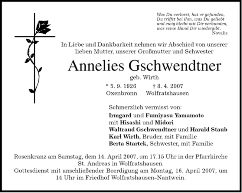  Traueranzeige für Annelies Gschwendtner vom 13.04.2007 aus MERKUR & TZ
