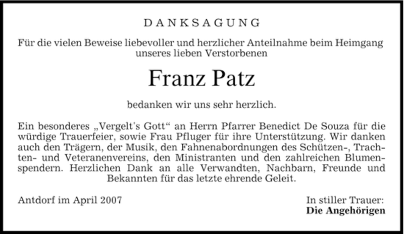  Traueranzeige für Franz Patz vom 14.04.2007 aus MERKUR & TZ