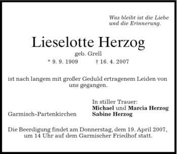 Traueranzeige von Lieselotte Herzog von MERKUR & TZ