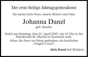 Traueranzeige von Johanna Danzl von MERKUR & TZ