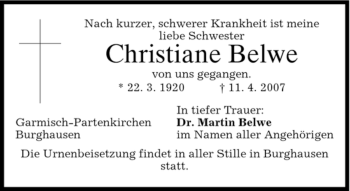 Traueranzeige von Christiane Belwe von MERKUR & TZ