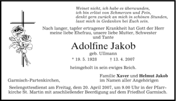 Traueranzeige von Adolfine Jakob von MERKUR & TZ