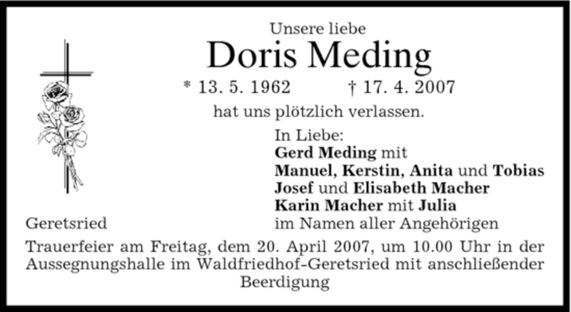 Traueranzeige für Doris Meding vom 18.04.2007 aus MERKUR & TZ