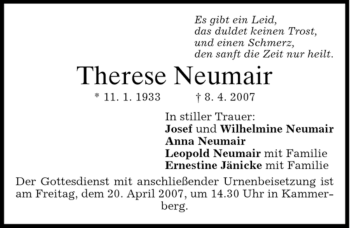Traueranzeige von Therese Neumair von HOLZKIRCHENER MERKUR