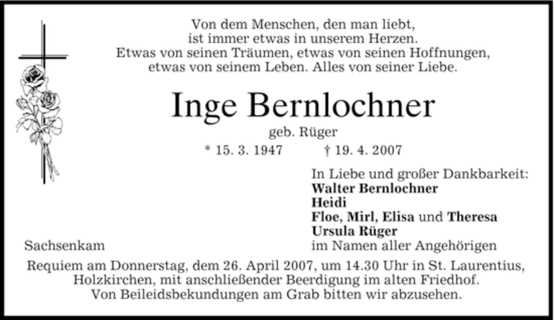  Traueranzeige für Inge Bernlochner vom 21.04.2007 aus MERKUR & TZ