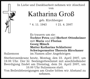 Traueranzeige von Katharina Groß von HOLZKIRCHENER MERKUR