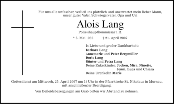 Traueranzeige von Alois Lang von MERKUR & TZ